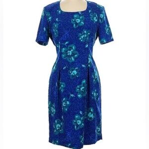 Vibrant Sag Harbor Blue & Green Scoop Neck Sheath Midi Petite Dress